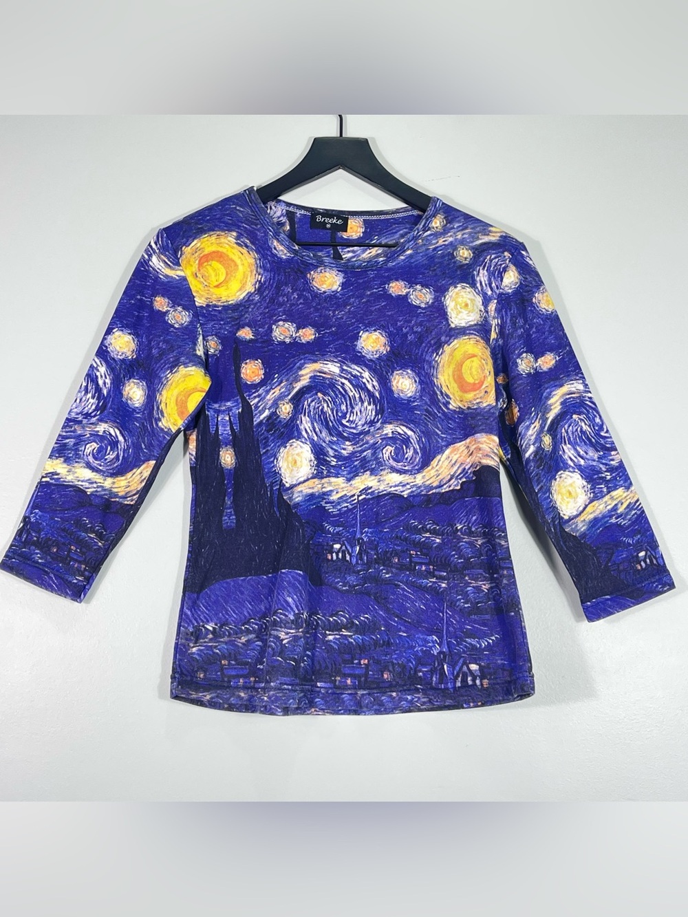 BREEKE Vincent Van Gogh Art The Starry Night 3/4 Sleeve Top Blue Yellow Size Med
